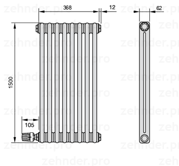 Схема (чертеж) Радиатор Zehnder Charleston 2150/8 №V004 Белый глянцевый RAL 9016